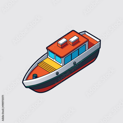 Isometric Motorboat Illustration with Orange Deck and Cabin in Flat Cartoon Style