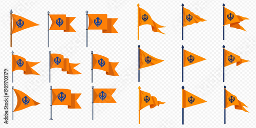 Set of Nishan Sahib flags with Khanda symbol in various shapes and movements.