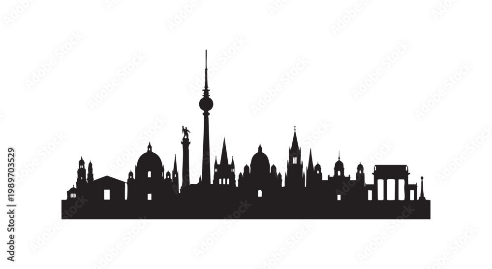 Fototapeta premium City skyline silhouette of famous buildings and landmarks isolated on white background.