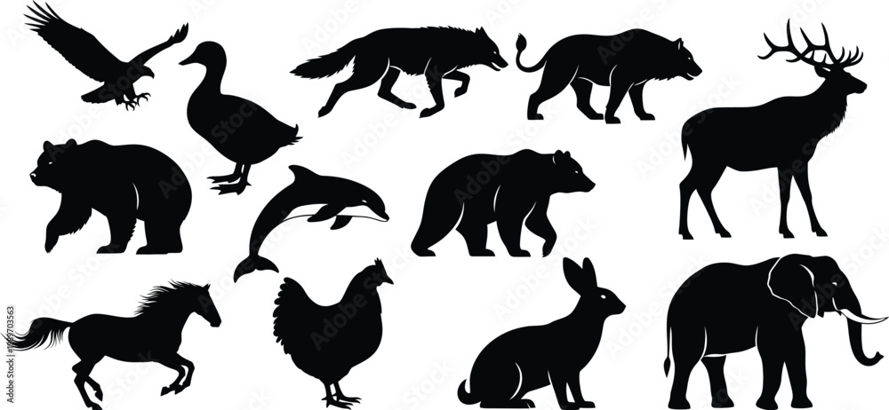 Fototapeta premium Animal silhouettes collection isolated on transparent background