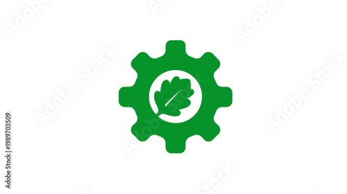 Eco-friendly gear icon with green oak leaf symbol for sustainable technology, environmental process, and nature protection