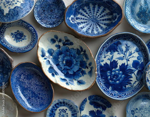 Collection of blue, white porcelain dishes in various sizes, shapes scattered on light-colored background. Unique, haphazard arrangement creates interesting visual effect. Overlapping, standalone