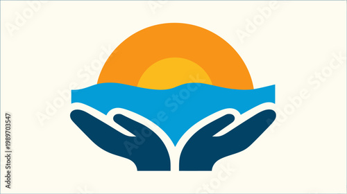 Environmental protection logo concept with hands holding sunrise over water, symbolizing nature conservation and ecological care illustration
