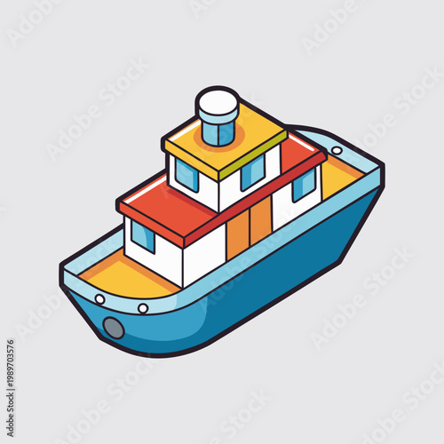 Isometric Motorboat Illustration with Orange Deck and Cabin in Flat Cartoon Style
