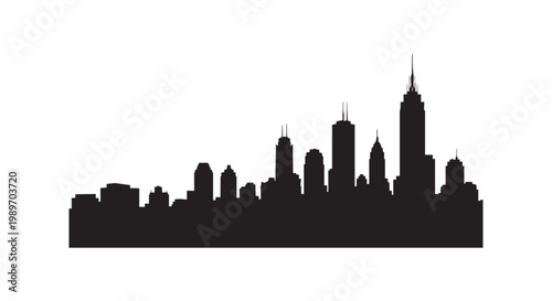 Cityscape silhouette of a modern skyline with various tall buildings and skyscrapers representing urban architecture isolated on white.