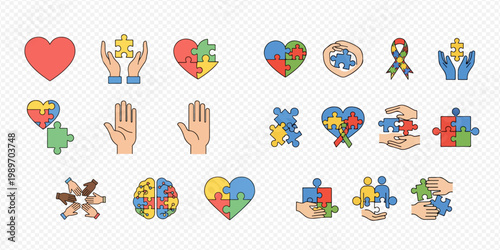 Autism Awareness Day vector icon set with puzzle pieces and hearts.