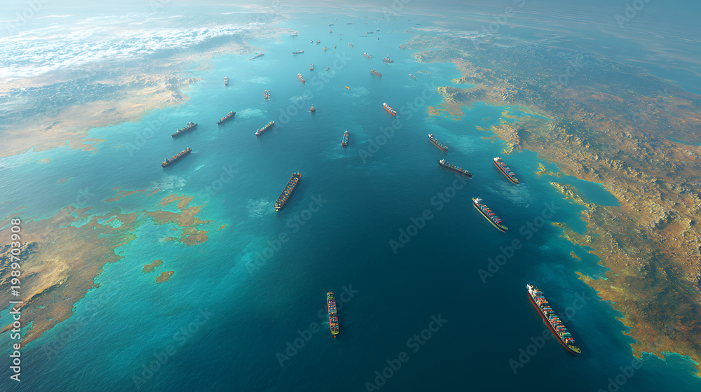 Fototapeta premium Cargo vessels congestion blocking maritime traffic in the Strait of Hormuz, tankers and container cargo ships clustered. Strategic maritime chokepoint linking the Persian Gulf and and Gulf of Oman 