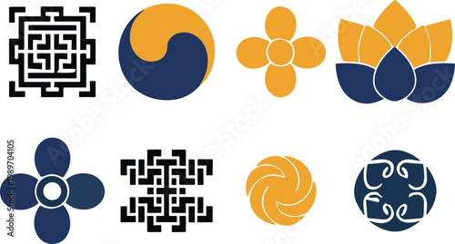 A collection of modern abstract geometric shapes and logos in blue and yellow colors