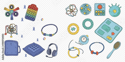 Collection of various sensory and fidget toys for autism awareness.