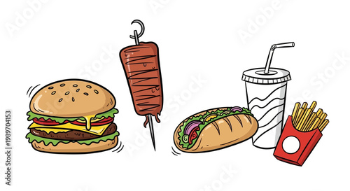 Fast food menu items including big burger meat kebab taco soda drink and french fries in hand drawn doodle style.