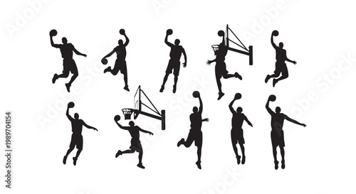 Collection of basketball players silhouettes jumping for slam dunk and shooting ball into hoop in various active poses.