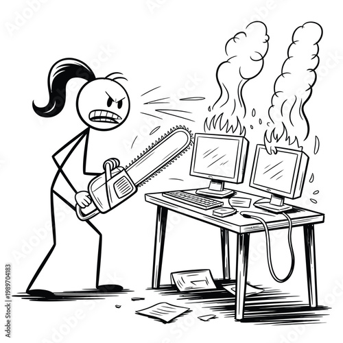 Black and white stick figure cartoon of stressed man at cluttered desk