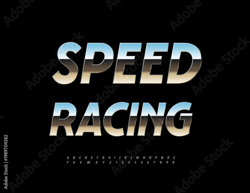 Vector Metallic icon Speed Racing. Modern Silver Font. Trendy Steel Alphabet Letters and Numbers set.