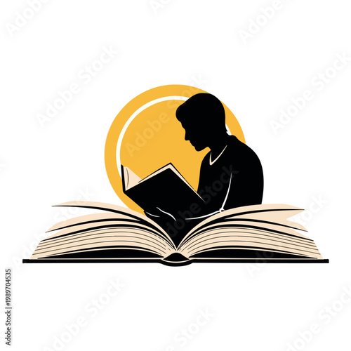 Reading Silhouette with Book and Sun – Education Concept Illustration