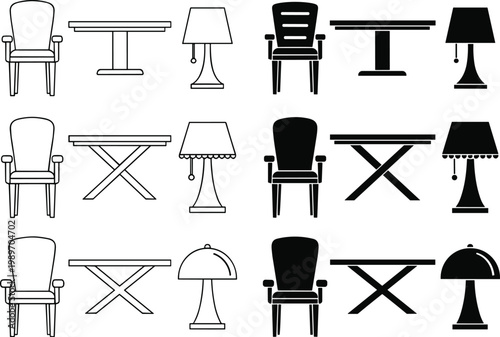 A collection of black and white icons featuring various chairs, tables, and lamps on a clean background