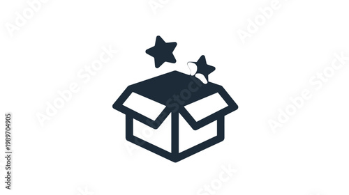 Open Box with Stars Icon Vector. Unboxing, surprise gift, special offer, reward or magic concept. Outline illustration.