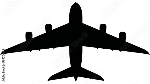 Black silhouette of a commercial airplane from a top-down aerial view, symbolizing air travel, flight, and global transportation.