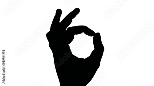 Black silhouette of a human hand making the "OK" gesture, symbolizing agreement, success, approval, and perfection on white.