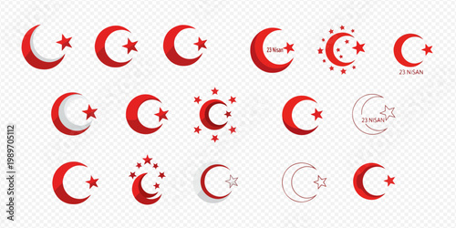 Set of Red Crescent Moon and Star Icons Representing Islamic Symbols and Turkish Flag Elements.