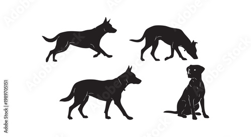 Collection of dog silhouettes in various poses, active and resting canine outlines.