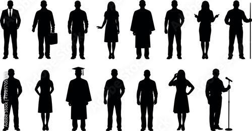 Set of diverse professional business people, university graduates, and casual individuals black vector silhouettes isolated on a flat white background.