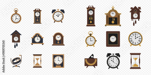 Collection of various timepieces and clocks, including antique and modern designs, for measuring and displaying time.