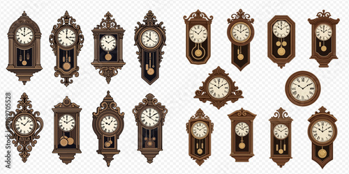 Set of vintage wooden wall clocks with pendulums, antique timepieces, and retro design elements isolated on a transparent background.
