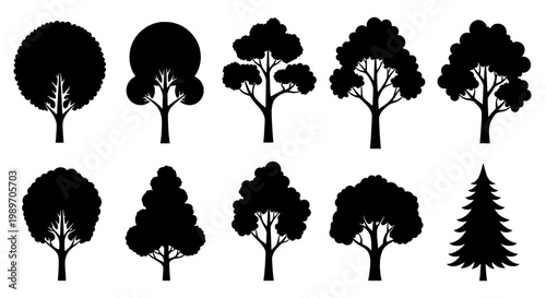 Tree silhouettes icon set with dense foliage, round canopy and conifer shapes on clean background for nature branding and UI