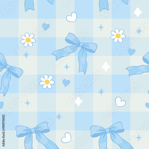 Seamless blue bow plaid pattern with ribbon, daisy flowers, hearts and stars on pastel checkered background, cute feminine design for textile fabric wallpaper.