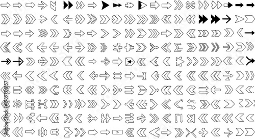 Arrows icon set with directional chevrons, speed and movement symbols, vector outline and filled styles for UI and navigation
