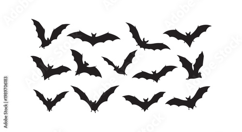 Collection of various bat silhouettes in flight showing different wing spans and dynamic poses against white background.
