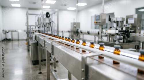 Automated pharmaceutical production line with workers in sterile uniform manufacturing medical vaccines