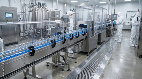 Automated pharmaceutical production line with workers in sterile uniform manufacturing medical vaccines