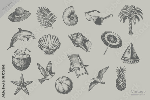 Vintage Summer vacation element set vector illustration. Hand drawn Doodle-style beach holiday sketches with sailboat, palm leaf, pineapple, ball, starfish, coconut drink, beach umbrella, chair