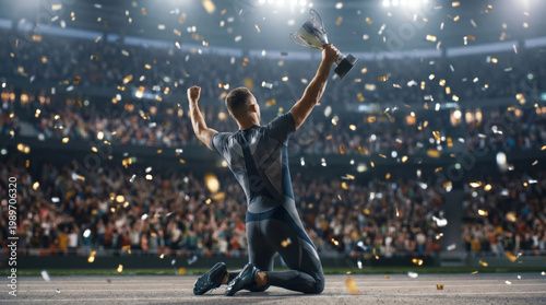 Soccer player celebrating victory holding trophy cup on stadium with falling confetti