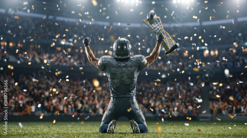 American football player celebrating championship victory with trophy on stadium under golden confetti