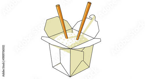 Takeout food box with rice and chopsticks