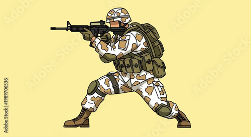 Vector illustration of a soldier in desert camouflage uniform aiming a rifle