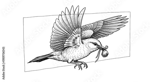 Bird with wings spread line art sketch, engraved ink style illustration for nature, wildlife, and vintage poster designs