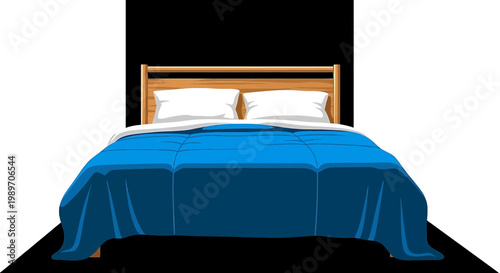 Vector illustration of a comfortable bed with a blue duvet and two white pillows against a wooden headboard