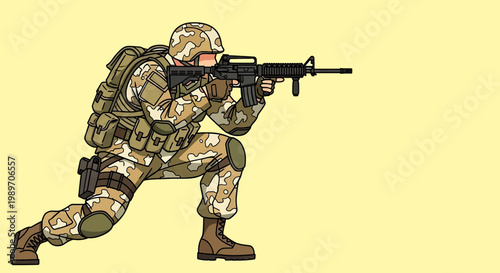 Soldier in camouflage uniform kneeling and aiming a rifle, vector illustration