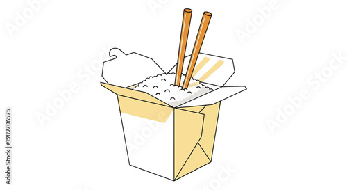 Takeout food box with rice and chopsticks