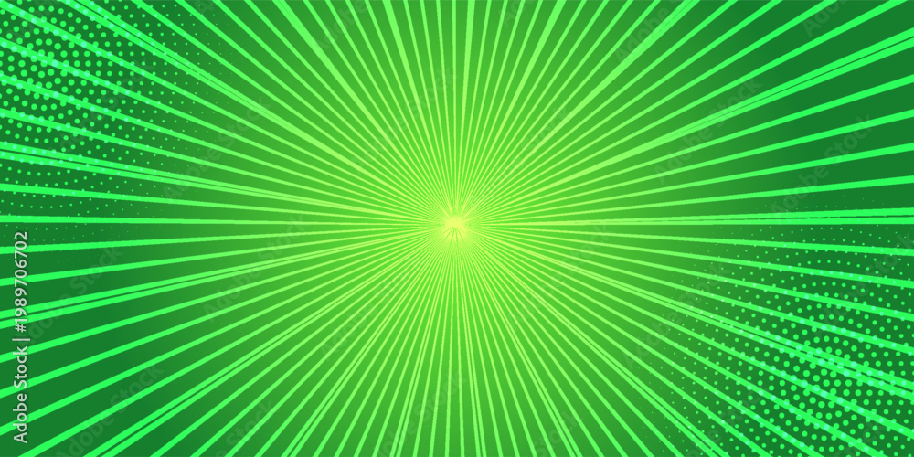 Obraz premium Energetic abstract comic book background featuring a vibrant lime green sunburst with a glowing central focus and dynamic halftone dot patterns. illustration