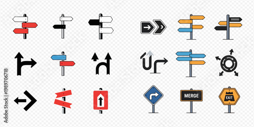 Collection of various road signs and arrow icons for navigation and direction.