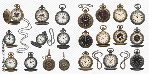 Set of vintage pocket watches with chains and different faces, isolated on a transparent background, vector illustration.