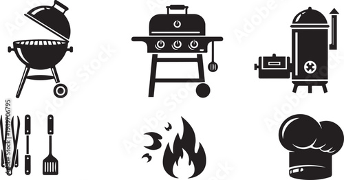BBQ Grill and Outdoor Cooking Silhouette Icon Set
