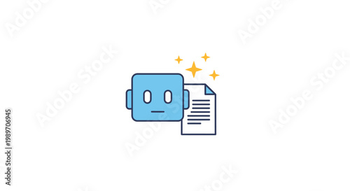 Robot reading document with sparkles.