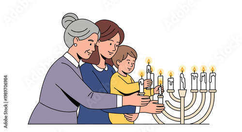 happy family lighting menorah together on hanukkah