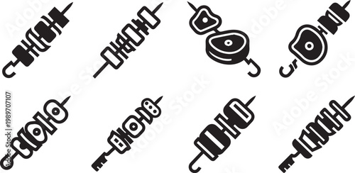 BBQ Shish Kebab and Grilled Meat Skewers Icon Vector Set