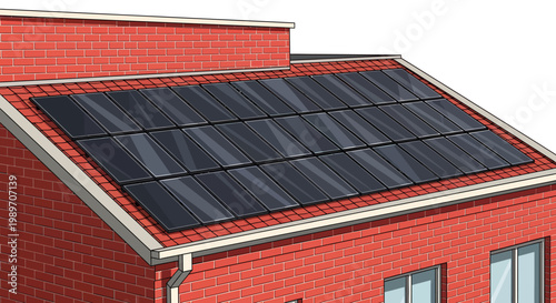 Solar panels on red brick house roof with white trim